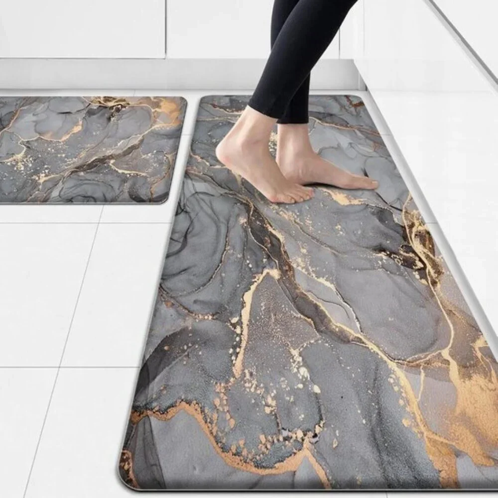New Set of 2 Grey Anti-Fatigue Non-Slip Cushioned Waterproof Memory Foam Rugs